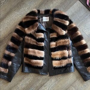Excellent Condition. Chic Mink Jacket with Dark Brown Leather; has Pockets